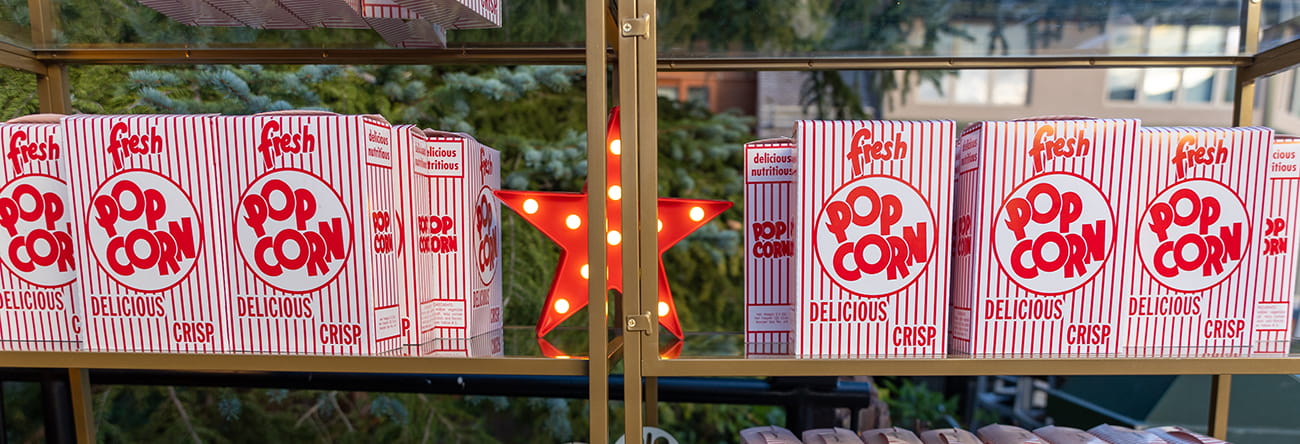 The display of popcorn buckets at Cinema Under the stars.