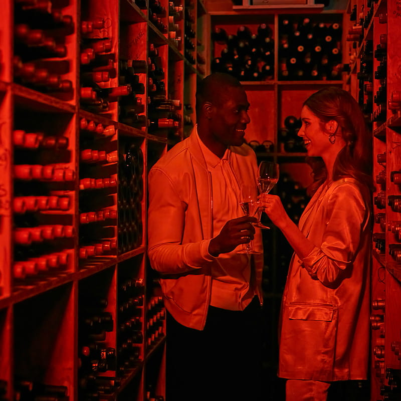 two people in wine cellar together